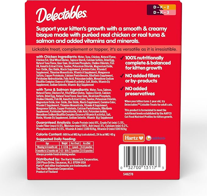 Hartz Delectables Lickable Treat Bisque Kitten Wet Cat Treat with Real Tuna & Salmon, Complete & Balanced, Hydrating, Grain-Free, No Fillers, No by-Products, No Added Preservatives, 1.4oz Pouch, 12ct