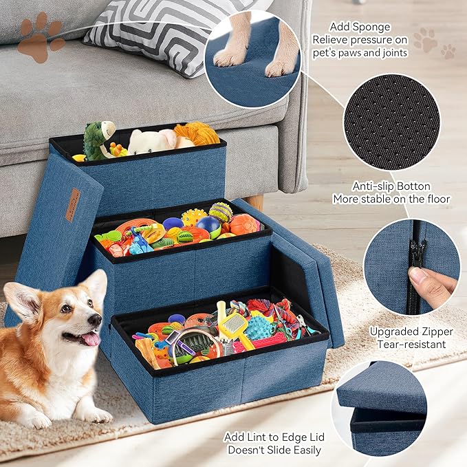 Dog Stairs with Storage 18" H, 3-Step Wider Dog Steps for Small/Medium/Large Dogs Cats, Folding Sturdy Pet Stairs Climbing Bed or Sofa, Ramp for Car Hold Up to 200 lbs (Navy Blue, No Condo)