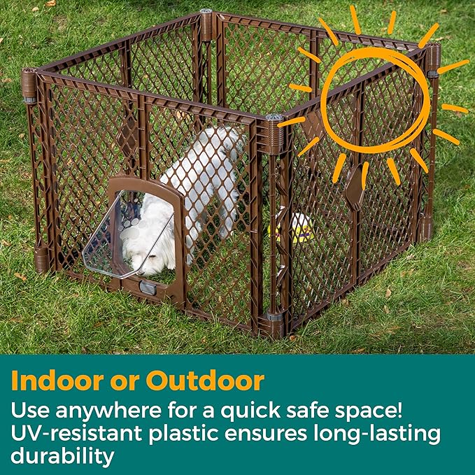 MyPet North States Petyard Passage: 4-Panel Folding Dog Playpen Indoor or Outdoor. 7 sq. ft. Puppy Playpen, Lockable Pet Door. Freestanding Play Pen Dog Gate. Made in USA. 26" Tall, Brown