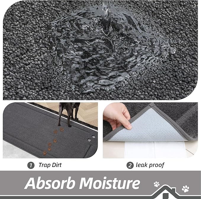 BEQHAUSE Dog Door Mat for Muddy Paws 32"x70" Dirt Trapper Absorbent Doormat Non Slip Entryway Rugs Washable Stain Resistant Welcome Floor Mat Soft Low-Profile for Front Back Door, Dark Grey