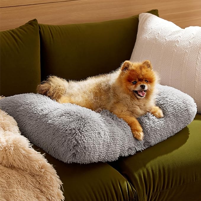 Bedsure Washable Small Dog Bed for Crate, Plush Calming Dog Crate Mat, Fluffy Pet Bed for Small Dogs, Plush Soft Comfort Sleeping Mat for Puppy, Anti-Slip Pet Kennel Pad, 24" x 18", Grey