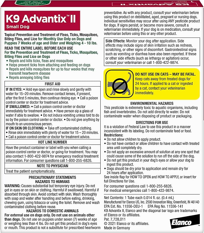K9 Advantix II Small Dog Vet-Recommended Flea, Tick & Mosquito Treatment & Prevention | Dogs 4-10 lbs. | 1-Mo Supply (Pack of 3)