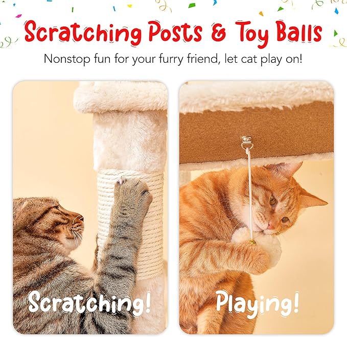 77-Inch Tall Cat Tree, Multi-Level Large Cat Tower with 4 Hammocks, 2 Padded Perches, Cat Condo, Sisal Scratching Posts and Hanging Toys for Adult Cats, Beige