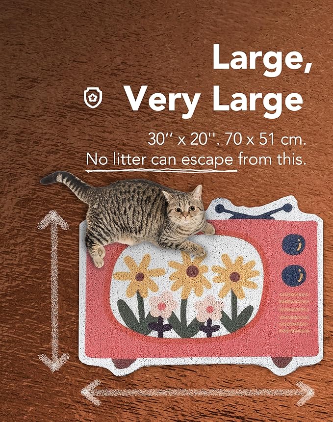 Lukamoo® Cute Cat Litter Mat (30''x20''), Extra-Large/XL, for Kitty Litter & Cute Cat Litter Box, Litter Trapping Mat (Large (30'' x 20''), Retro Television)