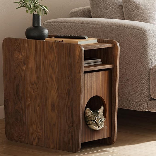 WERMO 12'' Cat Hideaway Side Table - Cat House for Indoor Cats and Enclosed Bed Cave and Hideout for Small Pets with Magazine Holder & Storage Doubling as Narrow End Table, Wood Night Stand (Walnut)