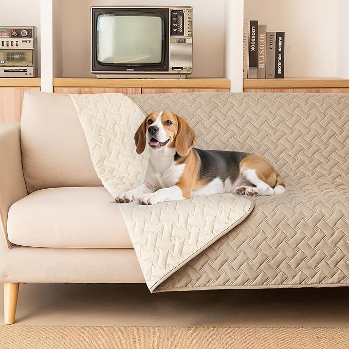 gogobunny 100% Double Sided Waterproof Dog Blanket Soft Bed Pet Cover Reversible Protect Furniture Couch Sofa Car for Puppy Cat Kids (Dark Beige/Light Beige, 52x82 Inch (Pack of 1))