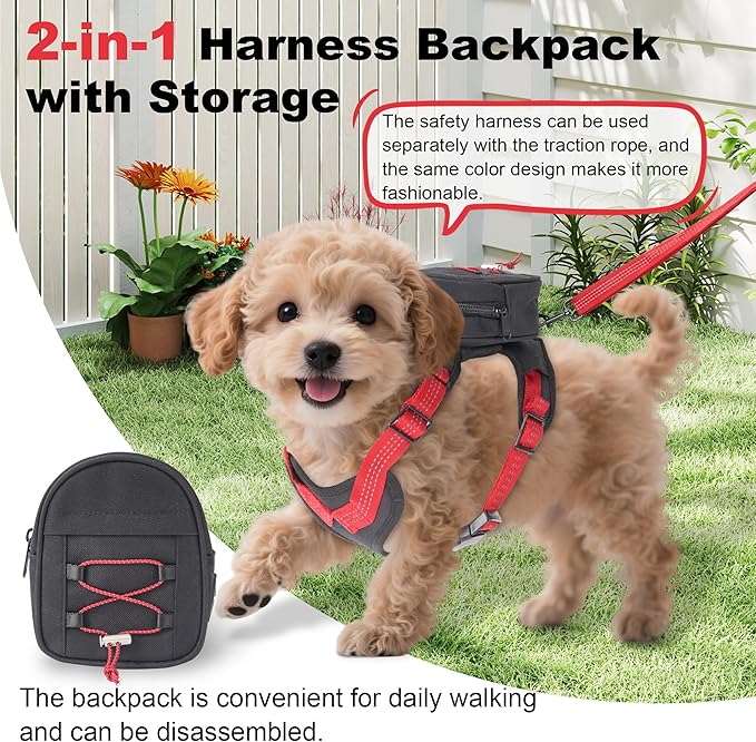 Dog Backpack Harness for Small and Medium Dogs, Adjustable Lightweight Bag with Detachable Backpack and Leash, Poop Bag Dispenser, Water Resistant for Hiking, Travel, Training, and Daily Walks, L