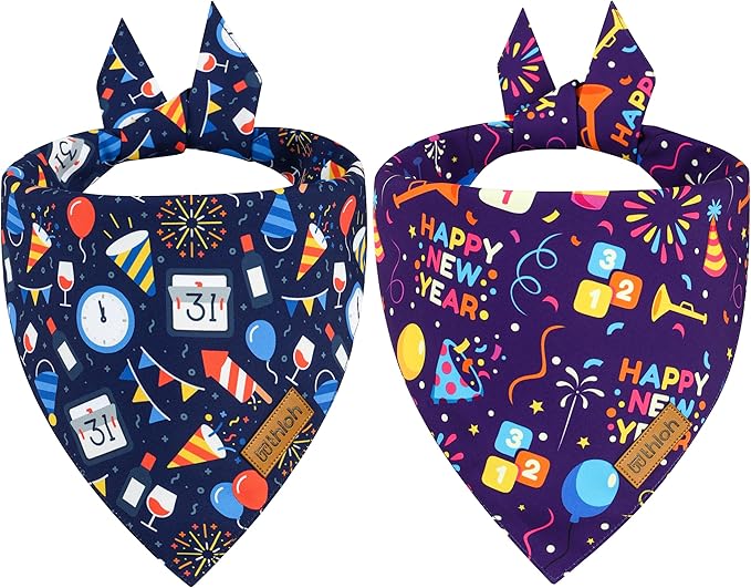 Happy New Year Dog Bandanas - 2 Pack Reversible Holiday Dog Scarf for Boy and Girl, Premium Durable Fabric, Bandana for Small and Medium Dogs (Small)