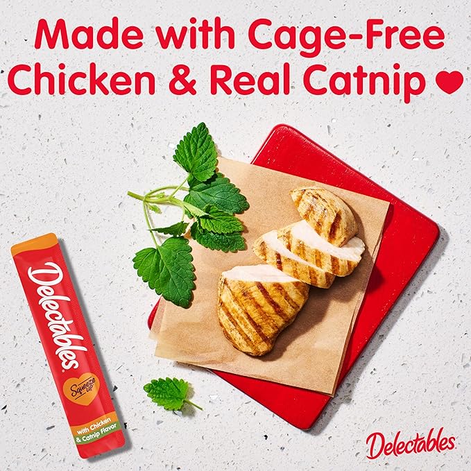 Delectables Squeeze Up Creamy Squeezable Puree, Lickable Wet Cat Treats, Grain Free, No Added Fillers, No By-Products, No Added Preservatives, 0.5 Ounces Tube Chicken with Catnip, 32 Tubes Total