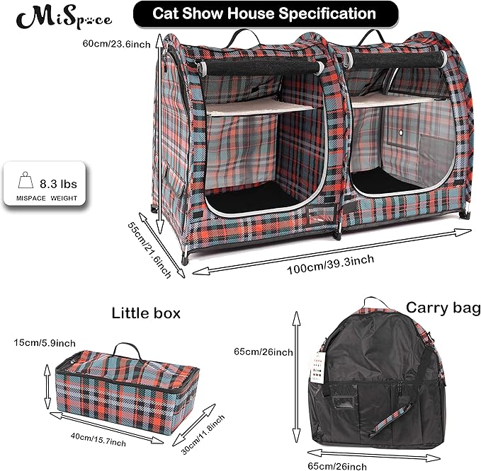 Mispace Portable Twin Compartment Show House Cat Cage/Condo - Easy to Fold & Carry Kennel - Comfy Puppy Home & Dog Travel Crate with Carry Bag/Two Hammocks/Mats and Collapsible Litter Box