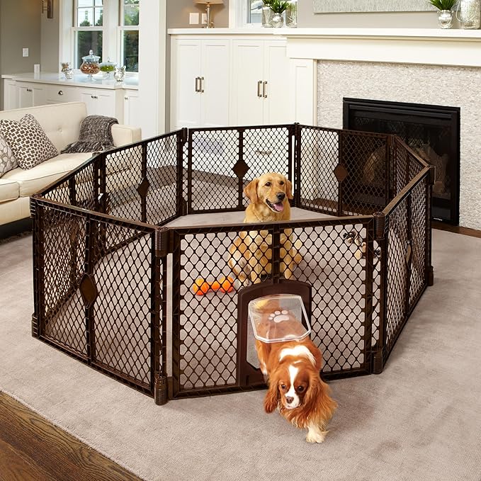MyPet 8-Panel Petyard Passage: 6.5 ft. Wide 26 in. Tall Brown Freestanding Customizable Folding Pet Enclosure with Lockable Pet Door; Indoor/Outdoor Puppy Playpen Made in USA