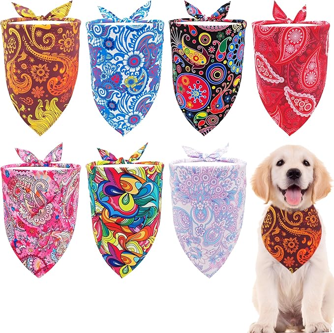 7 PCS Small Dog Bandanas Paisley Hemming Seam Edge Dog Bandana for Medium Dogs Cats Large Scarfs Party Grooming M