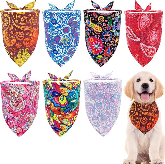 7 PCS Small Dog Bandanas Paisley Hemming Seam Edge Dog Bandana for Medium Dogs Cats Large Scarfs Party Grooming M