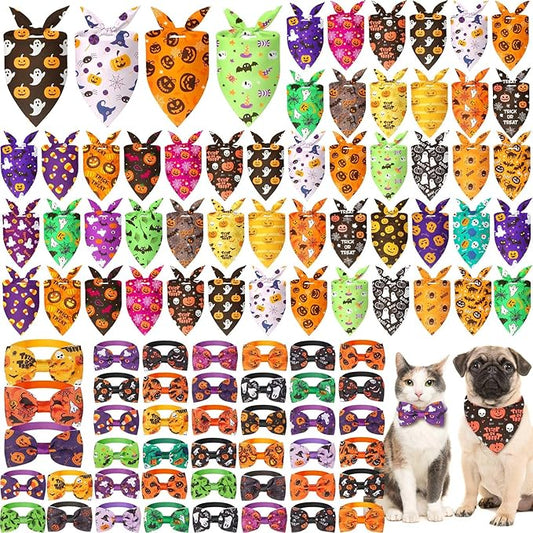 Sanwuta 100 Pcs Halloween Dog Bandanas Bulk and Collar Bow Ties Set 50 Bandanas 50 Charm Dog Collar Pet Ghost Pumpkin Spider Bones Triangle Pet Scarf Bowtie for Small Medium Large Costume