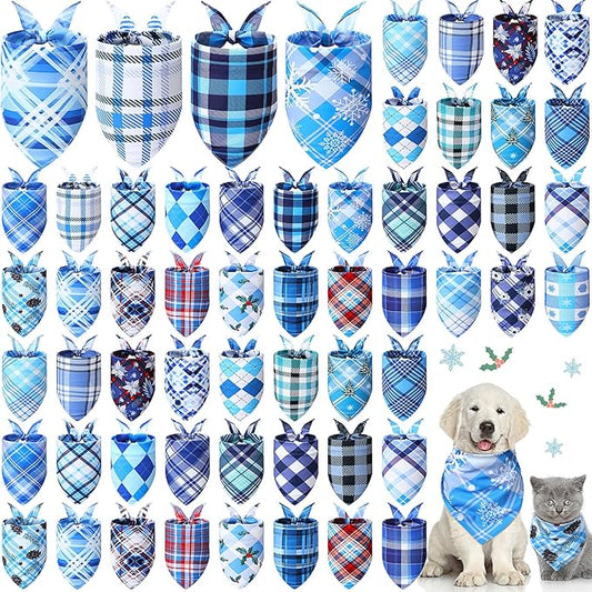 Sweetude 60 Pcs Winter Plaid Dog Bandanas Bulk Winter Pet Scarf Bibs Puppy Bandana Adjustable Washable Kerchief Pet Costume Accessories Grooming Supplies for Small to Large Cats Dogs