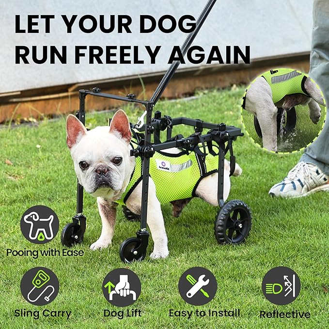 4 Wheels Dog Wheelchair for Front/Hind Legs - Mobility Aid for Small Dogs with Paralyzed, Injured, Post-Surgery or Senior Pets to Reclaim Mobility（4Wheels-S, for Small Breed Dog）