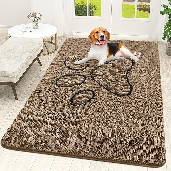 OLANLY Dog Door Mat for Muddy Paws 59x35, Paw Print Design, Absorbs Moisture and Dirt, Absorbent Non-Slip Washable Doormat, Quick Dry Chenille Mud Mat for Dogs, Entry Indoor Entryway Carpet, Tan