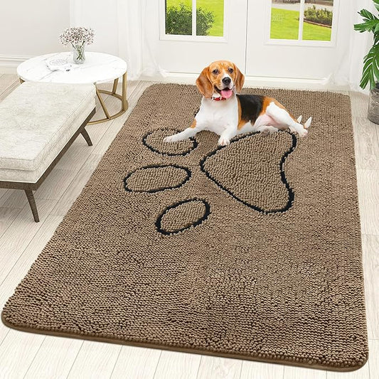 OLANLY Dog Door Mat for Muddy Paws 59x35, Paw Print Design, Absorbs Moisture and Dirt, Absorbent Non-Slip Washable Doormat, Quick Dry Chenille Mud Mat for Dogs, Entry Indoor Entryway Carpet, Tan