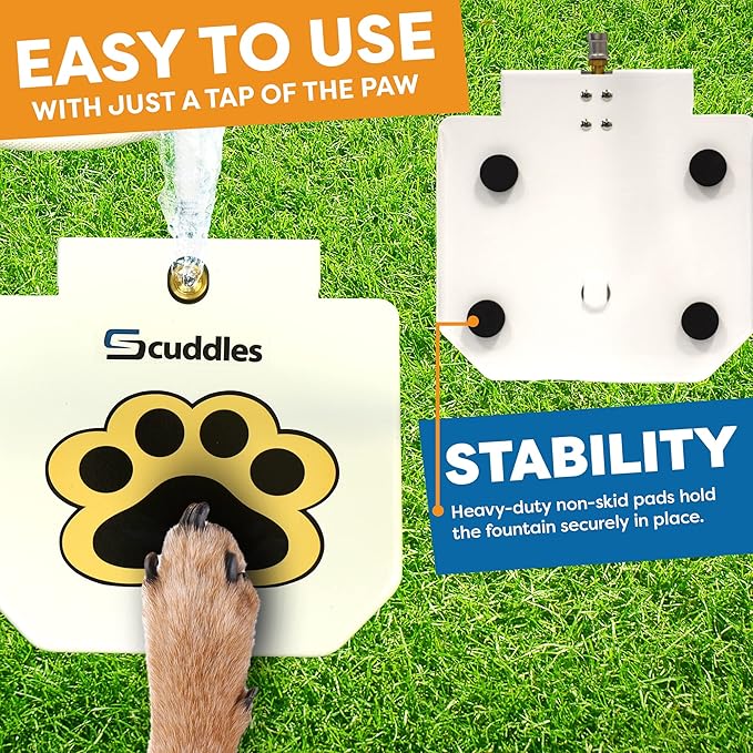 Scuddles Outdoor Dog Water Fountain – Step-On Sprinkler Toy with Stainless Steel Braided Hose, Copper Valve & Non-Slip Base, Easy Activation Hydration Station for Small, Medium & Large Dogs