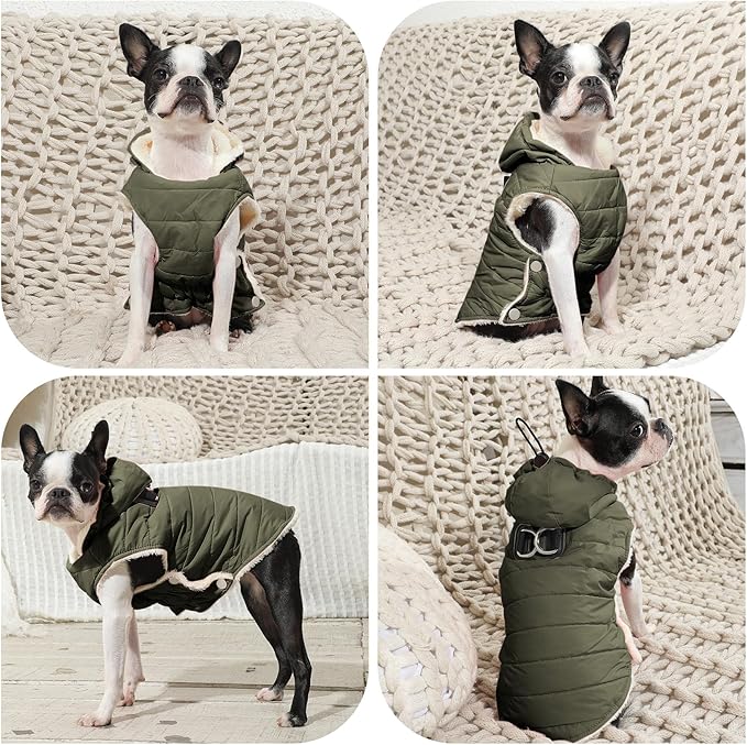 Fleece Lining Dog Hoodie with Harness Built in,Extra Warm Large Dog Jacket in Winter Doggie Coats with Drawstring Hooded,Green XXXL