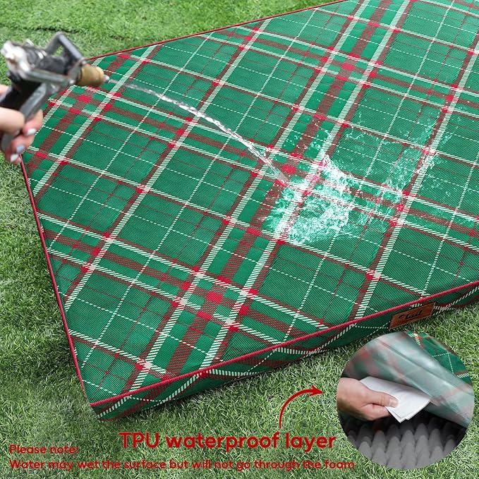 Outdoor Extra Large Dog Bed, Waterproof Dog Bed for Large Dogs, Egg Crate Foam XL Pet Bed with Removable Washable Oxford Cooling Cover, Plaid