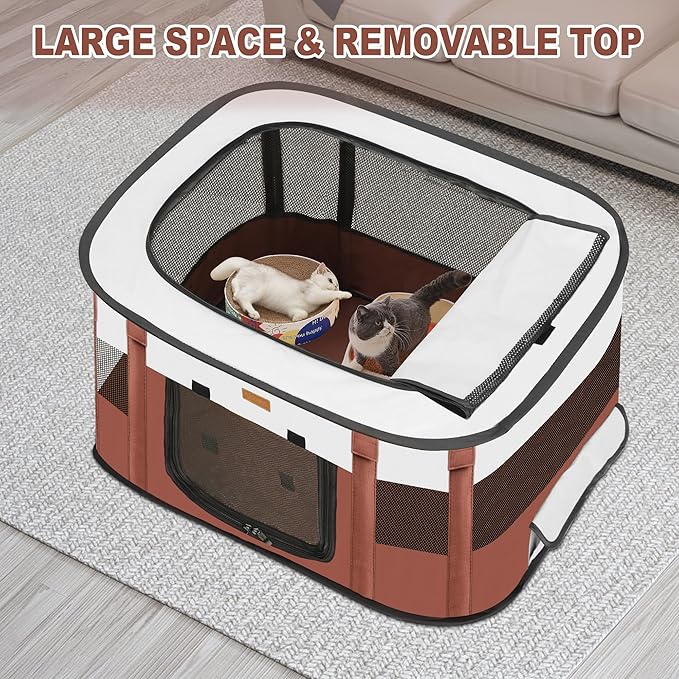 Dog Playpen - Foldable Cat Play Pens for Pubby, Kitten, Rabbit, Portable Pet Tent with Carring Bag for Indoor/Outdoor Travel Camping (Brown-Small)