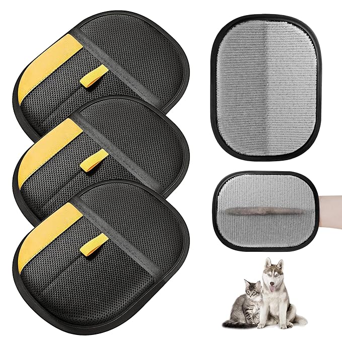 3 Pcs Electrostatic Pet Hair Removal Gloves with Bidirectional Bristle Design, Washable Reusable Cat Dog Hair Remover Grooming Glove Tool for Furniture, Bed Sheets,Car Seat (Yellow)