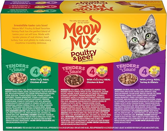 Meow Mix Tenders in Sauce Wet Cat Food, Poultry & Beef Variety Pack, 2.75 Ounce Cup (Pack of 48)