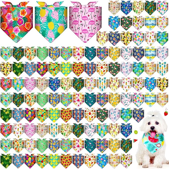 Sanwuta 120 Pcs Dog Bandana Bulk Scarf Washable Dogs Bibs Adjustable Kerchief Pet Bandana for Small and Large Party Pet Hawaii Beach Handkerchief Scarf Accessories(Summer)