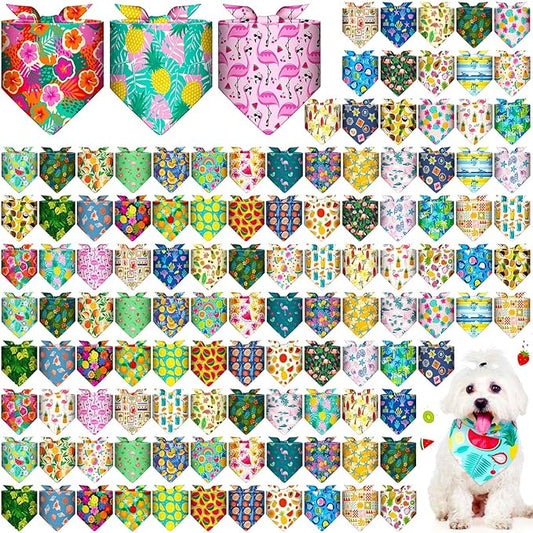 Sanwuta 120 Pcs Dog Bandana Bulk Scarf Washable Dogs Bibs Adjustable Kerchief Pet Bandana for Small and Large Party Pet Hawaii Beach Handkerchief Scarf Accessories(Summer)