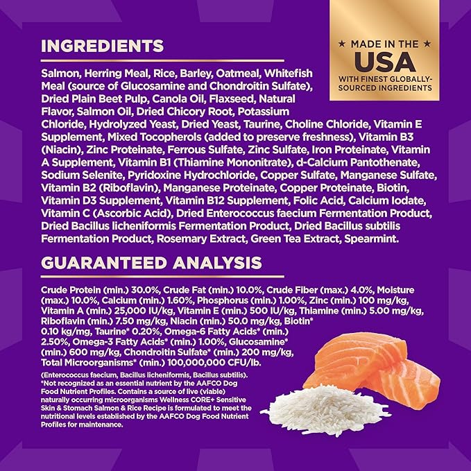 Wellness CORE+ Sensitive Skin & Stomach Dry Dog Food with Freeze Dried Pieces, Wholesome Grains, High Protein, Natural, Salmon & Rice Recipe, (18-Pound Bag)