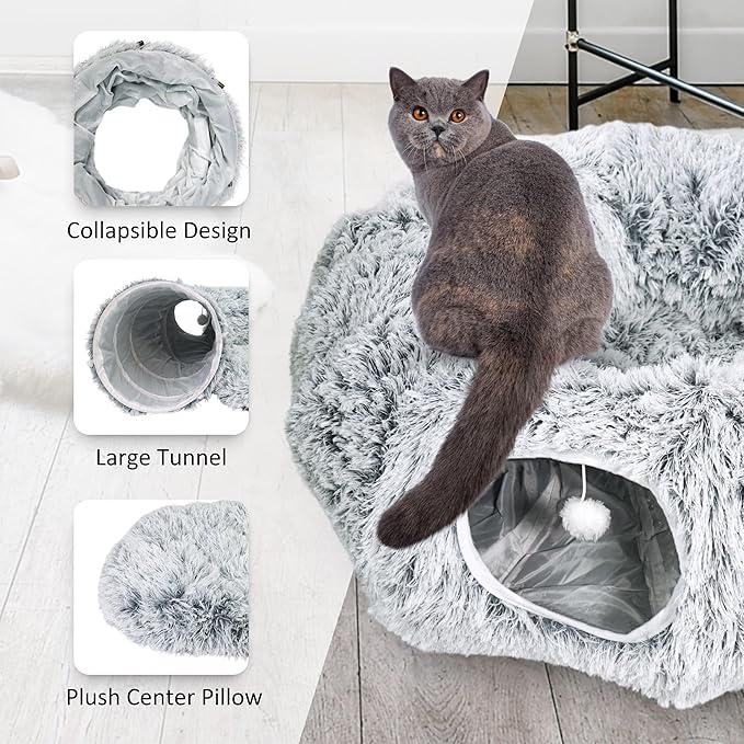 Donut Tunnel Bed for Indoor Cats, Plush Hideaway with Pom Toy, Cozy Cats Toy, Gray