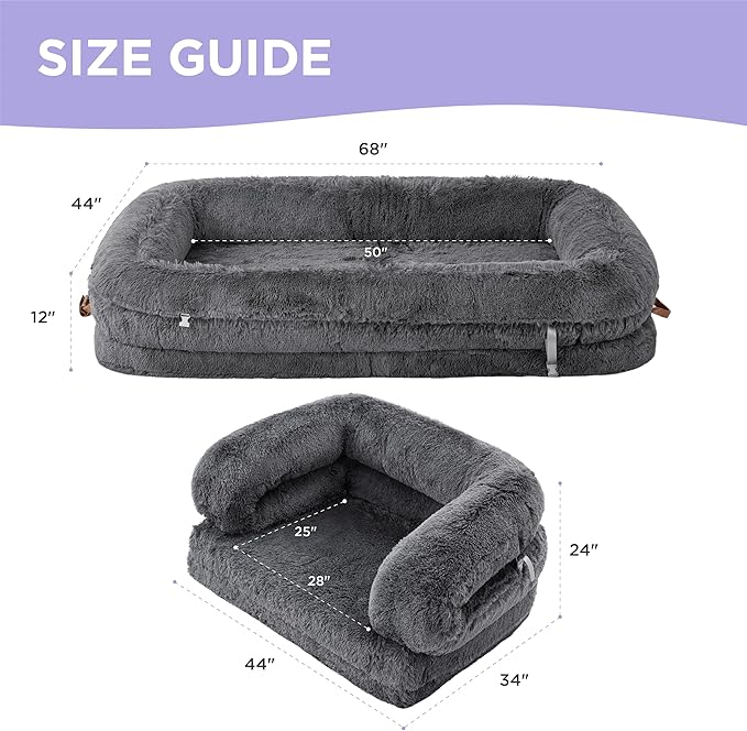 LE SURE Foldable Human Dog Bed - 3 in 1 Flexible Giant Human Dog Bed for Adult People with Supportive Bolster Egg Foam, Waterproof Liner, Calming Fluffy Faux Fur Orthopedic Big Bean Bed, Dark Grey