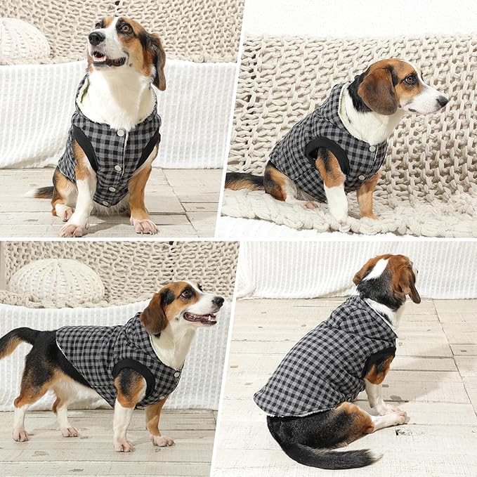 Fleece Lining Dog Hoodie for Large Dogs Extra Warm Plaid Sweater with Drawstring Hooded Coats in Winter Doggie Jacket,Black XXXL