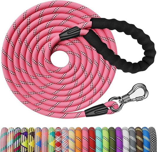 NTR Long Pink Dog Leash, 20FT Check Cord with Swivel Lockable Hook and Comfortable Padded Handle for Reflective Dog Leash for Small Medium and Large Dogs Walking Training Hiking Camping Playing