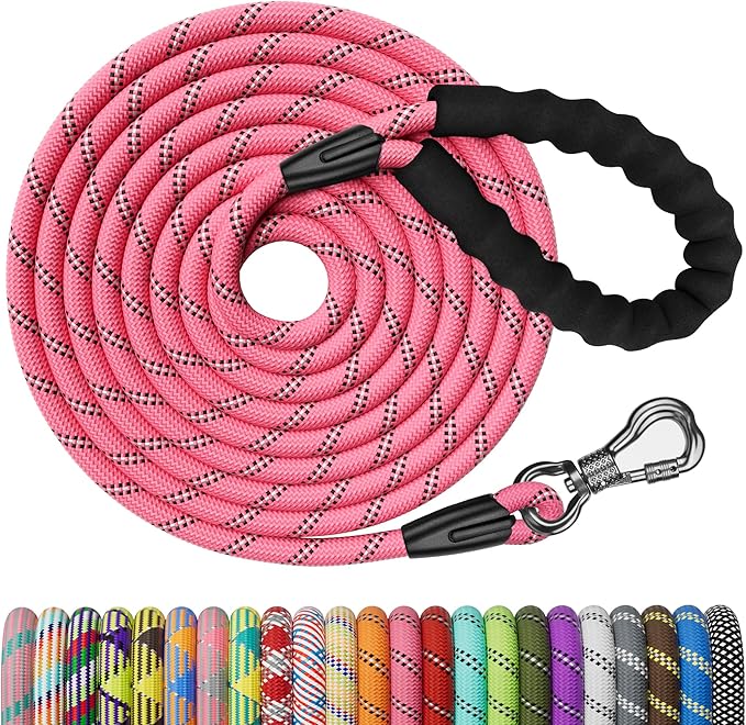 NTR Long Leash for Dog Training, 15FT Pink Dog Leashes for Large Breed with Swivel Lockable Hook and Padded Handle,Reflective Dog Check Cord for Walking,Hunting,Camping for Small Medium and Large Dog
