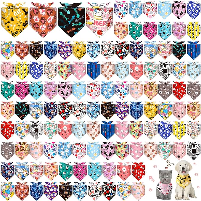 Amylove 120 Pcs Halloween Dog Bandanas Bulk Thanksgiving Day Holiday Triangle Dog Pack Puppy Kerchief Bandana Adjustable Pet Scarf for Pet Cat Costume Accessories Decor(Cartoon)