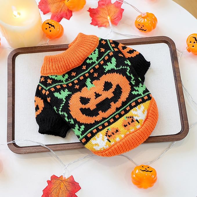Halloween Pumpkin Dog Sweater, Knit Pet Costume, Orange and Black Fall Winter Outfit for Small Dogs and Cats (Medium)