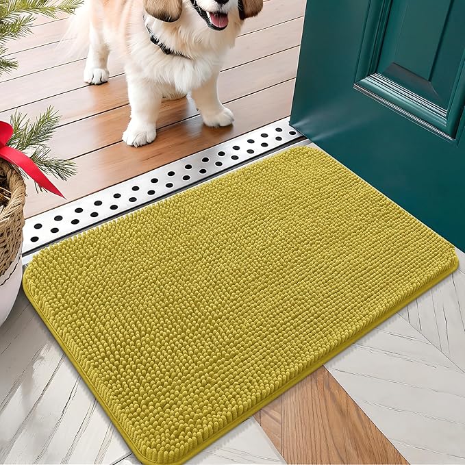 OLANLY Dog Door Mat for Muddy Paws 24x16, Absorbs Moisture and Dirt, Absorbent Non-Slip Washable Doormat, Quick Dry Chenille Mud Mat, Entry Indoor Entryway Carpet for Inside Floor, Mustard Yellow