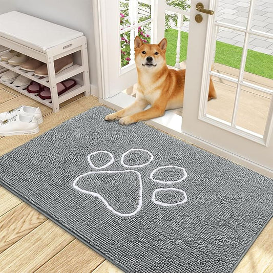 OLANLY Dog Door Mat for Muddy Paws 48x30, Paw Print Design, Absorbs Moisture and Dirt, Absorbent Non-Slip Washable Doormat, Quick Dry Chenille Mud Mat, Entry Indoor Entryway Carpet, Grey and White