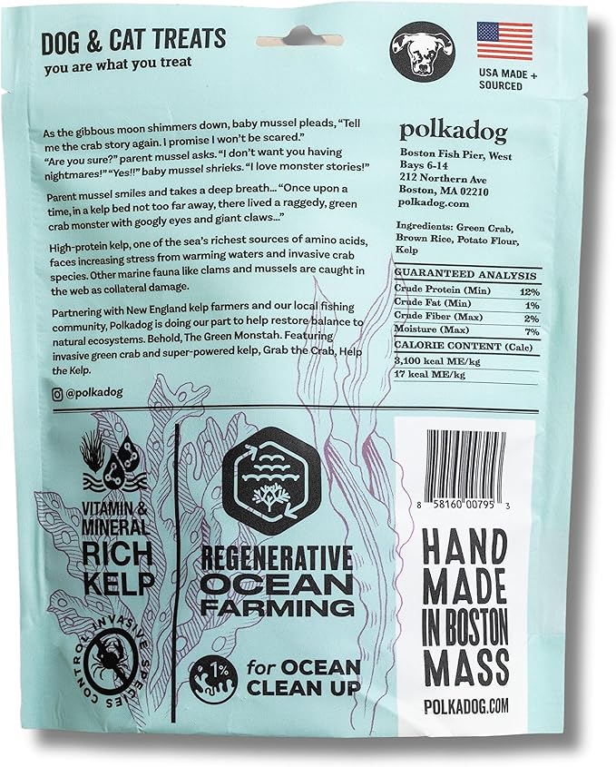 Polkadog Green Monstah Bones Crunchy Treats - Dog Treat for Small & Large Dogs with Vitamin-Rich Kelp, Omega-3, Protein - New England Green Crab & Kelp Blend - Training Size