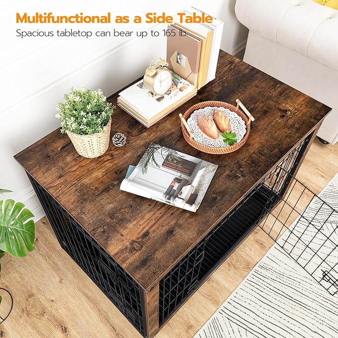HOOBRO Dog Crate Furniture, 38.6" Large Dog Kennel Indoor, Wooden Cage with Pull-Out Tray, Double Doors Pet House Side End Table for Large/Medium/Small Dogs, Rustic Brown BF982GW03G1