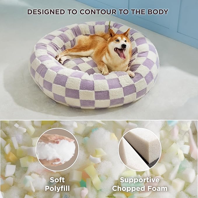 LE SURE Donut Large Dog Bed - Round Cat Beds for Indoor Anti-Anxiety Calming Pet Beds, Washable Cute Modern Beds with Jacquard Shaggy Plush & Anti Slip Bottom, 36 Inch, Purple