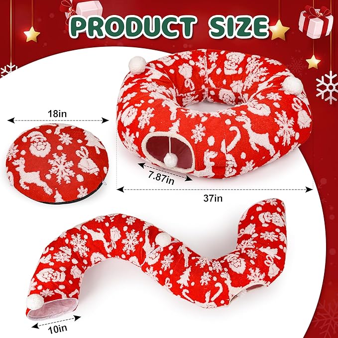 Christmas Cat Tunnel Bed in 3FT x 3FT x 10IN-Cute Cat Tube Christmas Tree Skirt with Ball,Foldable Round Pet Toy with Washable Mat for Keeping Indoor Cats Off Xmas Tree, Red