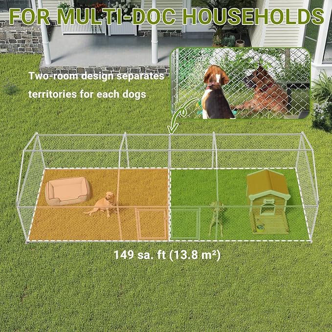 Rovibek 7.5 ×19.7 FT Outdoor Dog Kennel with Roof, Two Rooms Dog Kennel Outside with Waterproof Sunproof Cover, Galvanized Heavy Duty Dog Kennel and Enclosure for Outside with Secure Lock