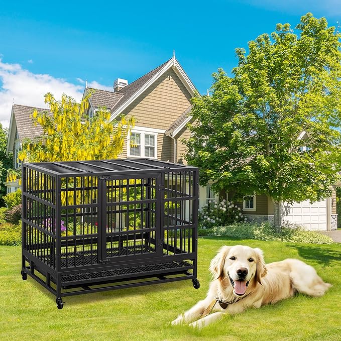 JY QAQA 48/38 Inch Heavy Duty Indestructible Dog Crate Double Doors Escape Proof Cage Kennel,Enhanced Metal Pet Cage,Extra Large XL XXL Crate Indoor for Large Dog with Removable Tray,Lockable Wheels