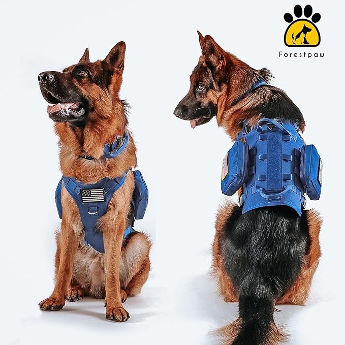 Forestpaw Dog Harness Medium Sized,Tactical Dog Harness with Handle,No Pull Military Style Service Dog Vest with Pockets Adjustable for Medium Large Dogs,Blue,Chest 19.5-41.5"