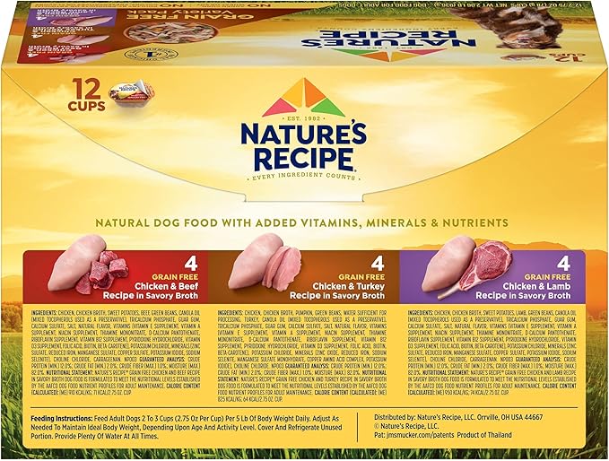 Nature's Recipe Nature’s Recipe 2.75 Ounce Grain Free Chicken & Beef, Chicken & Turkey, Chicken & Lamb Wet Dog Food Variety Pack, 12 Pack, 2 Count Case