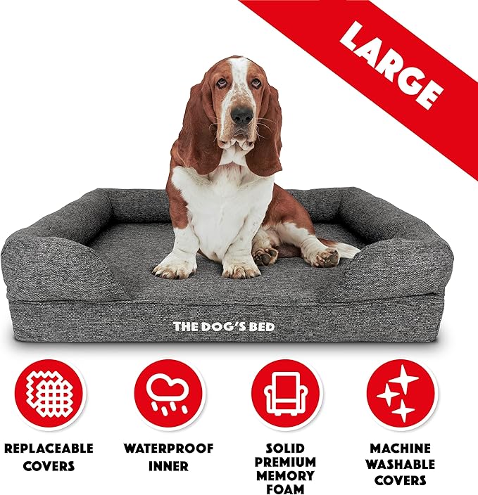 The Dog’s Bed, Large Grey Linen, Memory Foam, Pain Relief: Arthritis, Hip & Elbow Dysplasia, Post Surgery, Lameness, Supportive, Calming, Waterproof Washable Cover