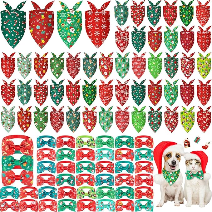 Sanwuta 100 Pcs Christmas Dog Bandanas Bulk and Charm Collar Bow Ties Set 50 Xmas Bandanas for Dogs 50 Xmas Doggie Collar Santa Snowflake Triangle Scarf Bowtie for Small Medium Large Pets